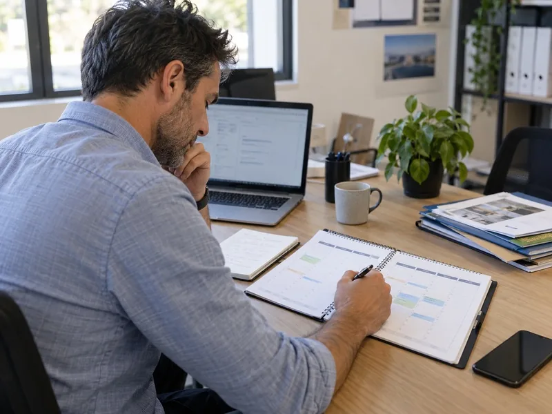 Un commercial B to B organise calmement son agenda de rendez-vous qualifiés sur un planning papier et un ordinateur.