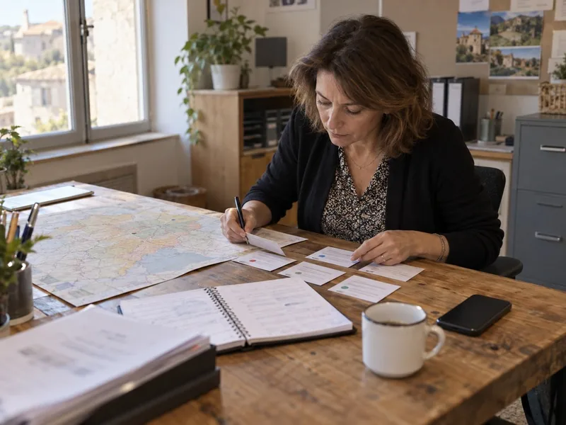 Responsable commerciale examinant une carte de territoire et classant des suites de rendez-vous sur un bureau d’entreprise en Occitanie.