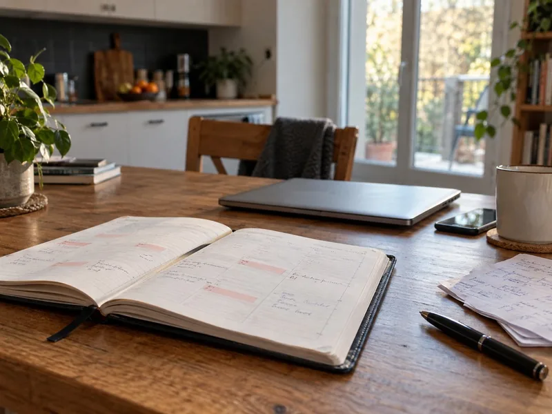 Agenda ouvert avec des créneaux laissés libres, notes de travail, ordinateur fermé et téléphone sur une table de cuisine servant de bureau à domicile.