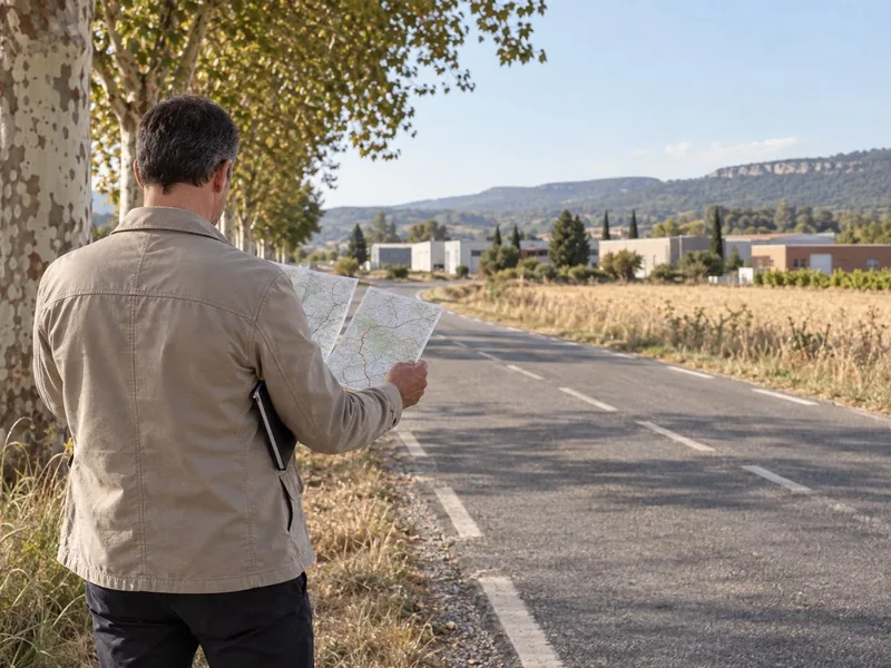 Professionnel vu de dos comparant deux itinéraires sur une route rurale entre des zones d’activités du sud de la France.