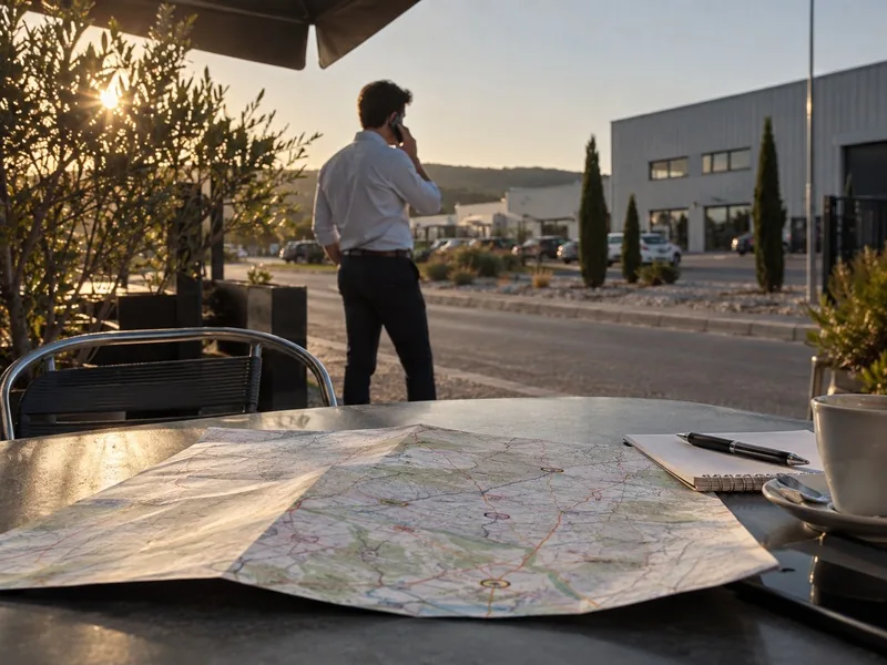 Un jeune professionnel générique téléphone dans un endroit calme près d’une entreprise, devant une carte papier du territoire marquée de repères abstraits, sous une lumière chaude de fin d’après-midi.