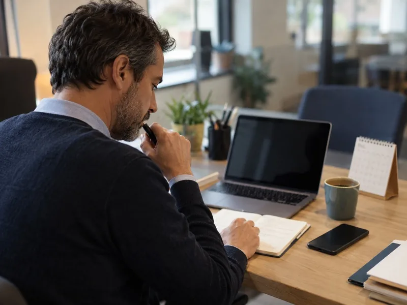 Professionnel préparant un premier contact commercial dans un bureau, avec carnet, ordinateur fermé visuellement et téléphone posé sur la table.