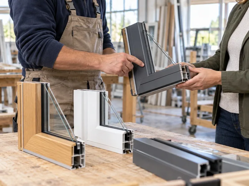 Deux professionnels examinent des échantillons de menuiserie dans un atelier.