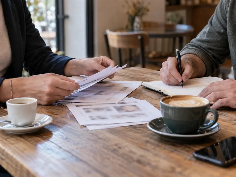 Deux professionnels, cadrés aux mains et aux avant-bras, trient des fiches de prospects sur une table de café avant une prospection commerciale.
