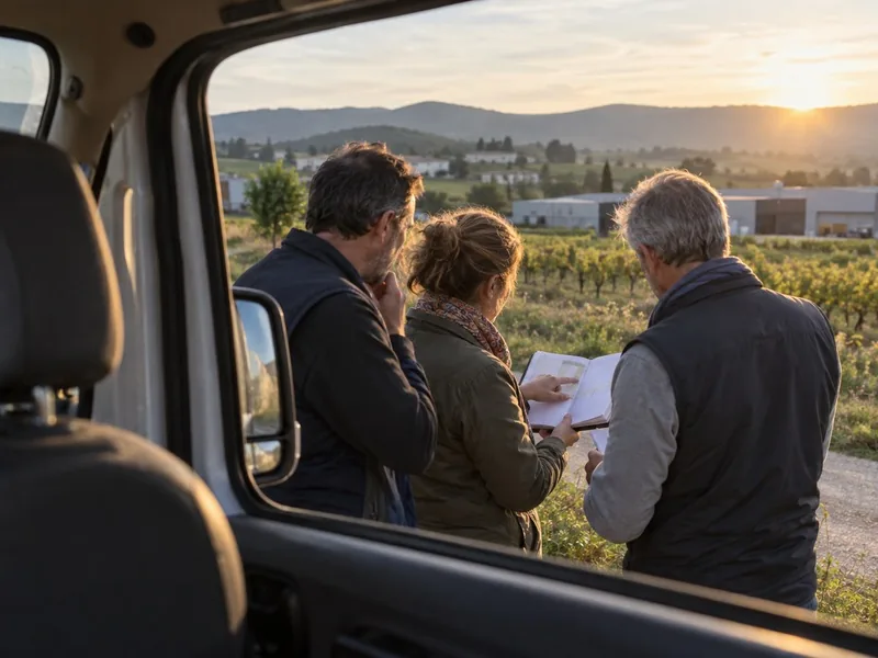 Trois professionnels aux visages non identifiables organisent une tournée commerciale près d’une voiture, sur une route rurale entre vignes et zones d’activités du sud de la France.