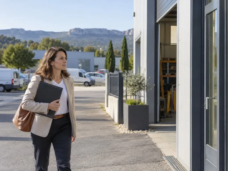 Une commerciale indépendante arrive devant l’atelier d’une PME dans une zone artisanale du sud de la France, avant une visite de prospection.