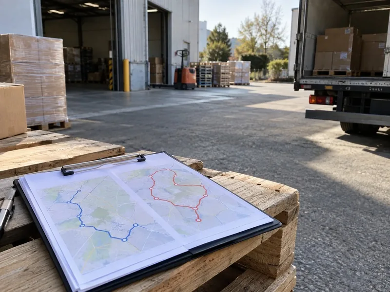 Aire de chargement d’un entrepôt français avec palettes, cartons et clipboard comparant deux options de tournée commerciale.
