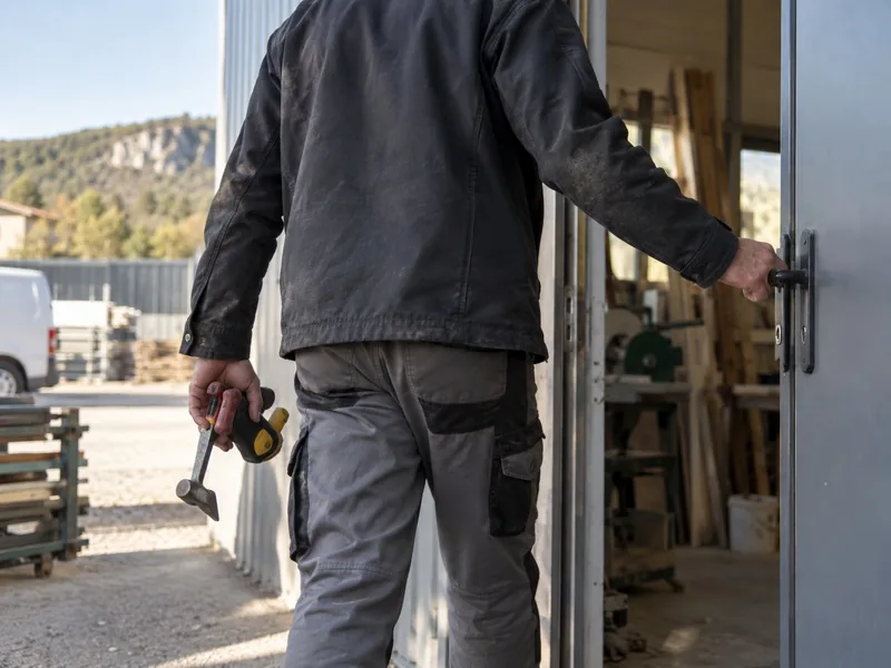 Personne vue de dos entrant dans un atelier artisanal avec des outils à la main, dans une zone professionnelle française.