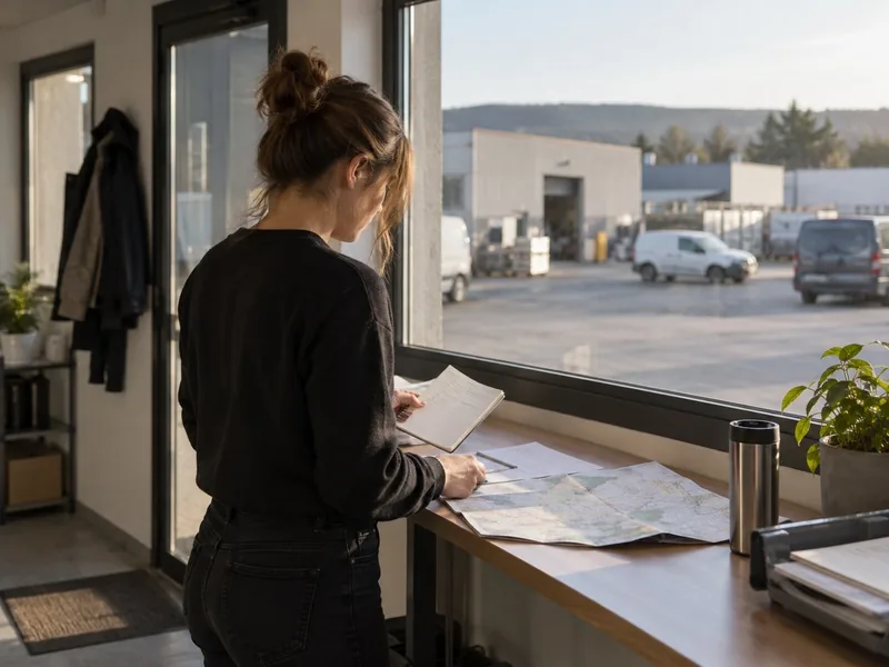 Jeune professionnelle vue de loin préparant une tournée entre plusieurs rendez-vous dans une zone artisanale française.