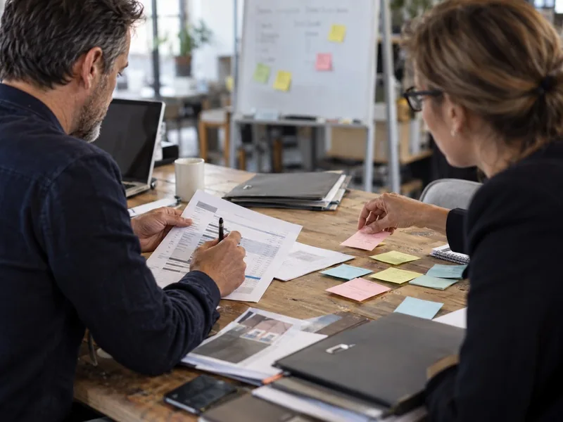 Deux professionnels classent des notes et analysent un suivi commercial pour comprendre les causes des pertes de conversion.