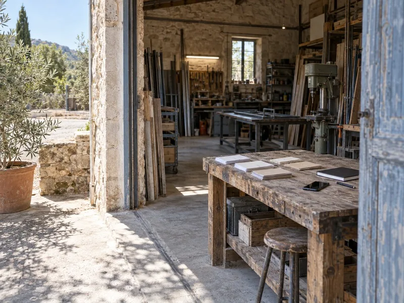 Entrée ouverte d’un atelier artisanal français avec des outils et matériaux en arrière-plan, tandis que des dossiers vierges sont triés sur un établi.