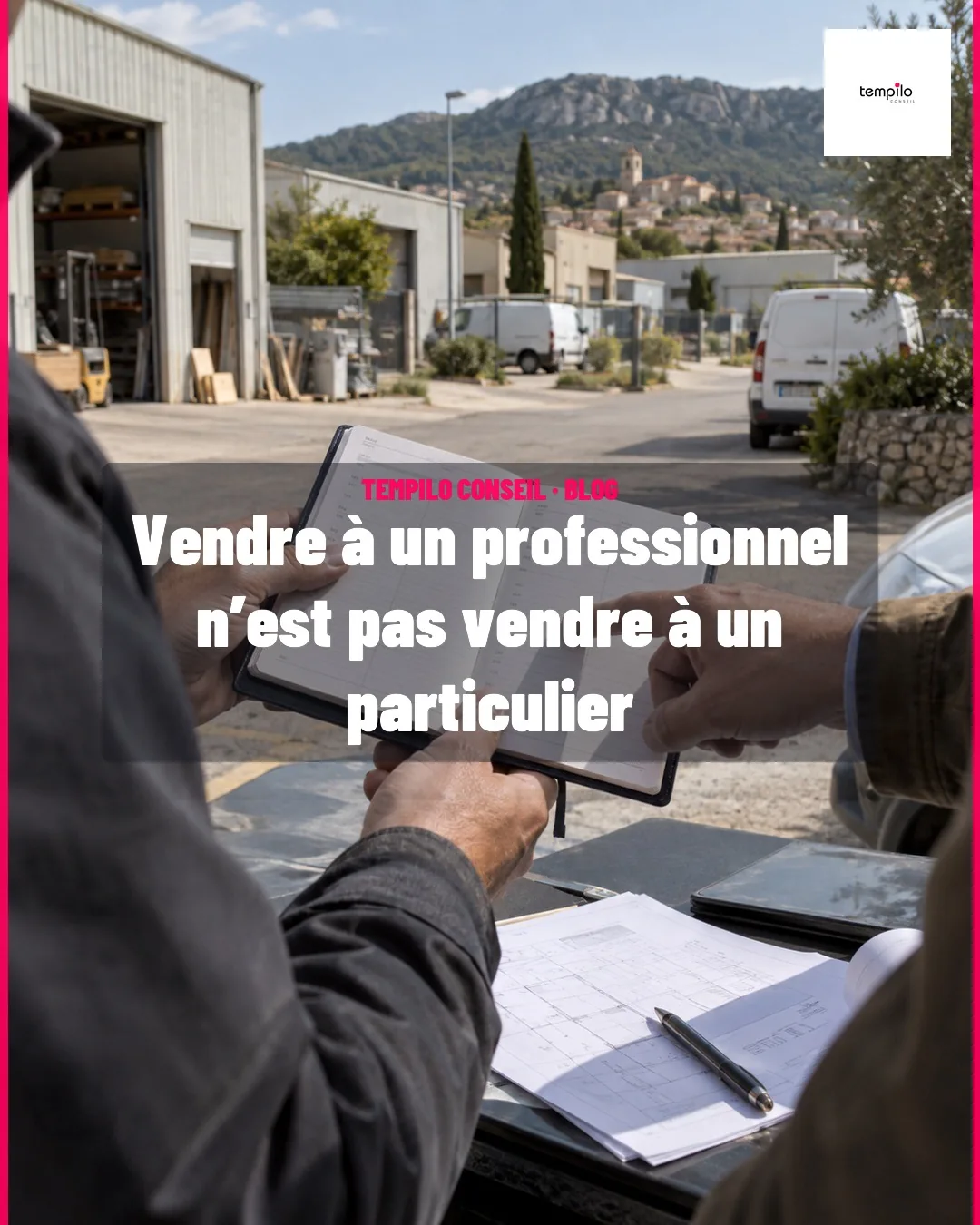 Deux professionnels, cadrés aux mains et aux avant-bras, consultent un agenda ouvert et réservent un créneau de suivi dans une zone artisanale française.